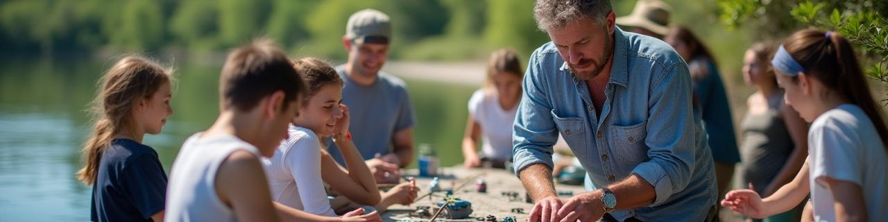 Group of people learning fishing techniques during a workshop